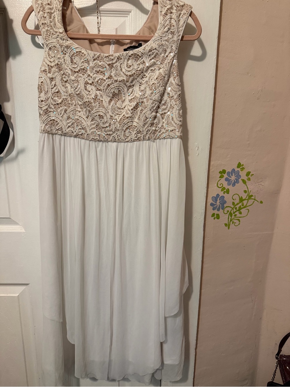 R&M Richards Ivory Lace Bodice Midi Dress with Champagne Accents